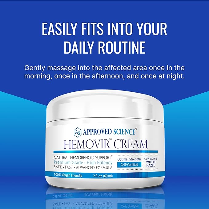 Approved Science Hemovir Cream - Hemorrhoid Support - 2 Fl Oz - Stops Itching and Optimizes Blood Flow - Restores Damaged Skin Tissue - Non GMO - Made in The USA