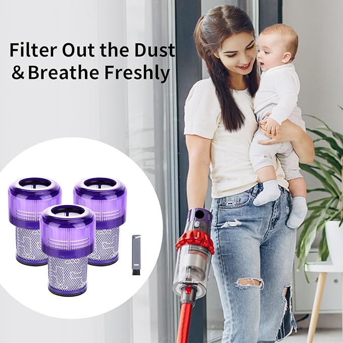 3 Pack Filter Replacement for Dyson V12 Detect Slim, V12 Slim Absolute, V12 Slim Motorhead,V12 Detect Slim Fluffy,3 Filters and 1 Clean Brush,Compare to Part 971517-01