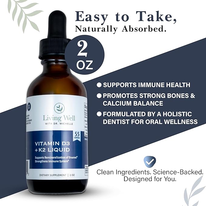 Liquid Vitamin D3 2000 IU with K2 + K1 – Immune & Bone Support Supplement – Dentist-Developed for Strong Teeth, Bones & Calcium Absorption – Non-GMO, Gluten-Free, Soy-Free – Pleasant Tasting – 2 oz