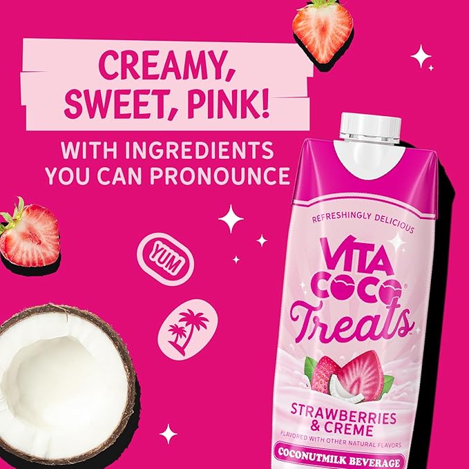 Vita Coco Treats Strawberries & Creme Coconut Milk Drink | Sweet, Refreshing, Treat | Cremey Pink Drink Alternative | 16.9 fl oz (Pack of 12)