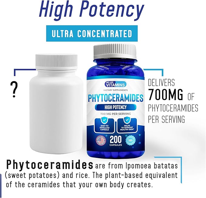 We Like Vitamins Phytoceramides 700mg - 200 Capsules All Natural Wheat Free and Plant Based - Phytoceramide Supplement - 700 mg per Serving - Skin Hydration, Repair, Rejuvination