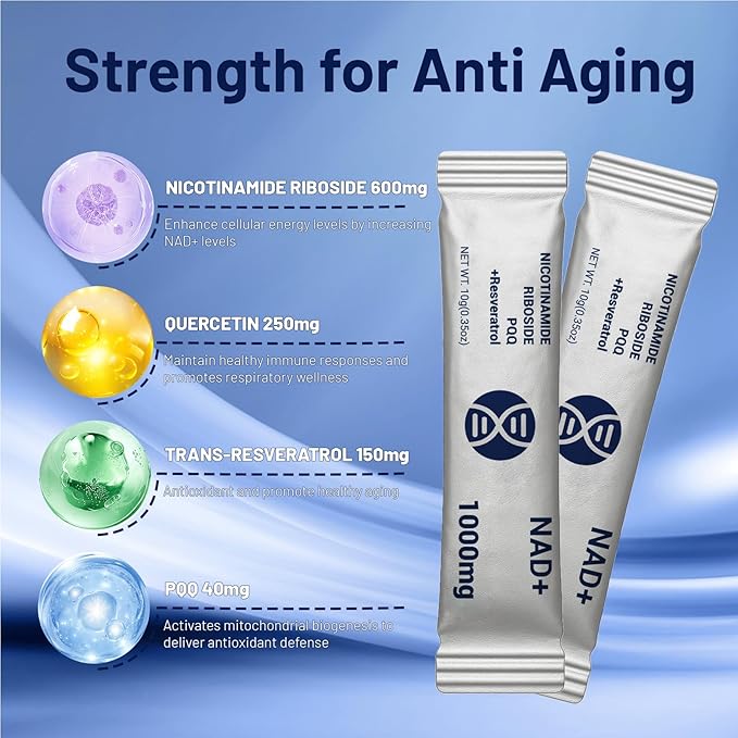 Premium NAD+ Liquid Supplement 1000mg Packets with Nicotinamide Riboside & Resveratrol for Cellular Energy, DNA Repair, Anti-Aging Support & Mental Clarity, 30 Packs