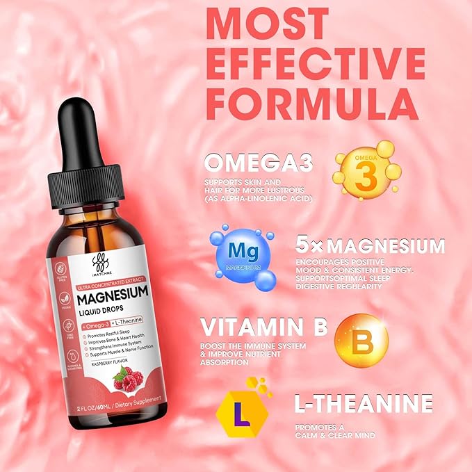 Calm Magnesium Liquid Drop with Magnesium Glycinate, Citrate, Oxide & Taurate for Bone, Heart, Muscle, Immune, Energy, Sleep & Digestion, High Absorption, Sugar-Free, Raspberry Flavor,2 Fl Oz