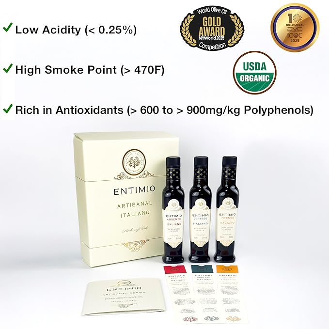 Entimio Collection +600 to +900 mg/kg Organic Extra Virgin Olive Oil Set, New 2024-2025 Early Harvest Italian Olive Oil from Italy, 2025 Gold Winner, Cold Extracted, Lab Tested - 25.5 (3 x 8.5) fl oz