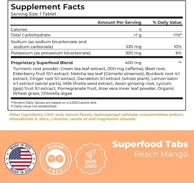 β Anti-Bloat Cleanse Drink with 15 Superfoods | Supports Digestion, Energy & Cravings | Vegan, Non-GMO | 60 Effervescent Tabs β Peach Mango Flavor