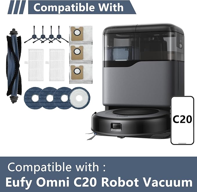 Accessories Replacement for eufy C20 Robot Vacuum Accessories 1x Mainbrush,2X Filters,4X Moppads,3X Dust Bags,4X sidebrushes