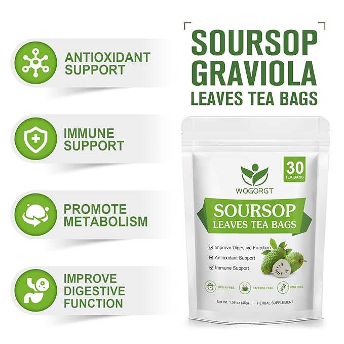 WOGORGT Organic Soursop Leaves Tea Bags - Soursop Graviola Leaves Herbal Tea bags for Immune Support, Antioxidant - Guanabana Leaves - Caffeine Free - 30 Tea Bags