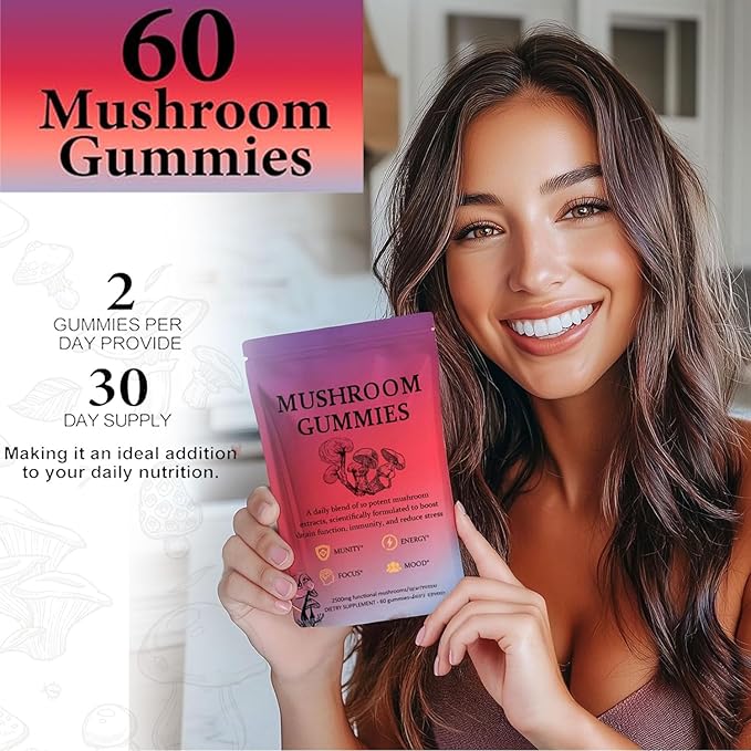 Mushroom Gummies – Delicious Vegan Supplement with 12 Mushroom Extract Blend for Focus, Energy & Wellness (60 Gummies)