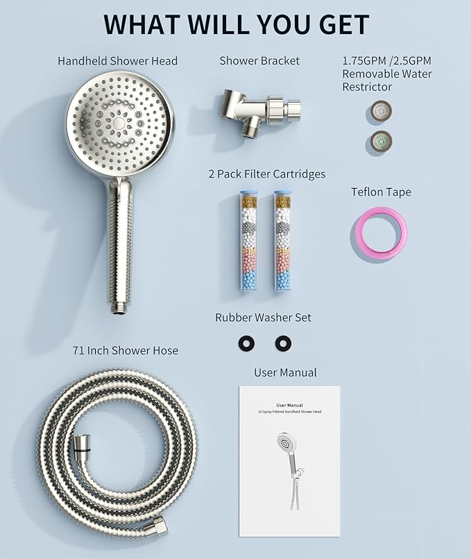 Filtered Shower Head with Handheld, 10 Spray Mode High Pressure Shower Head with Filters, Shower Filter Head for Hard Water, Powerful Spray for Cleaning, 2 Replaceable Filters Included, Brushed