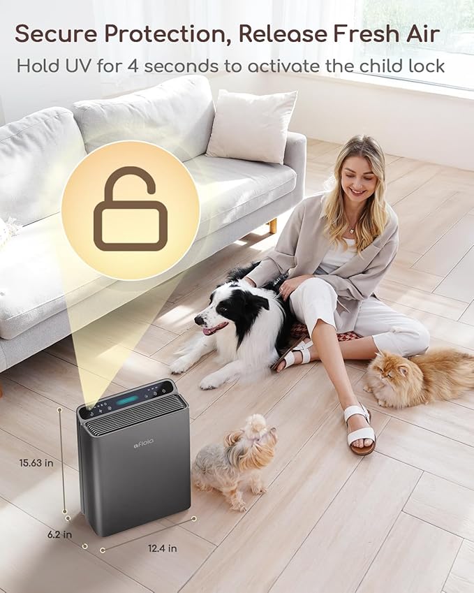 Afloia Air Purifier for Home Large Room Bedroom Up to 2000Ft² with PM2.5 Air Quality Monitor Smart Auto Mode, Washable Pre Filter Cleaner for Pet, Grey