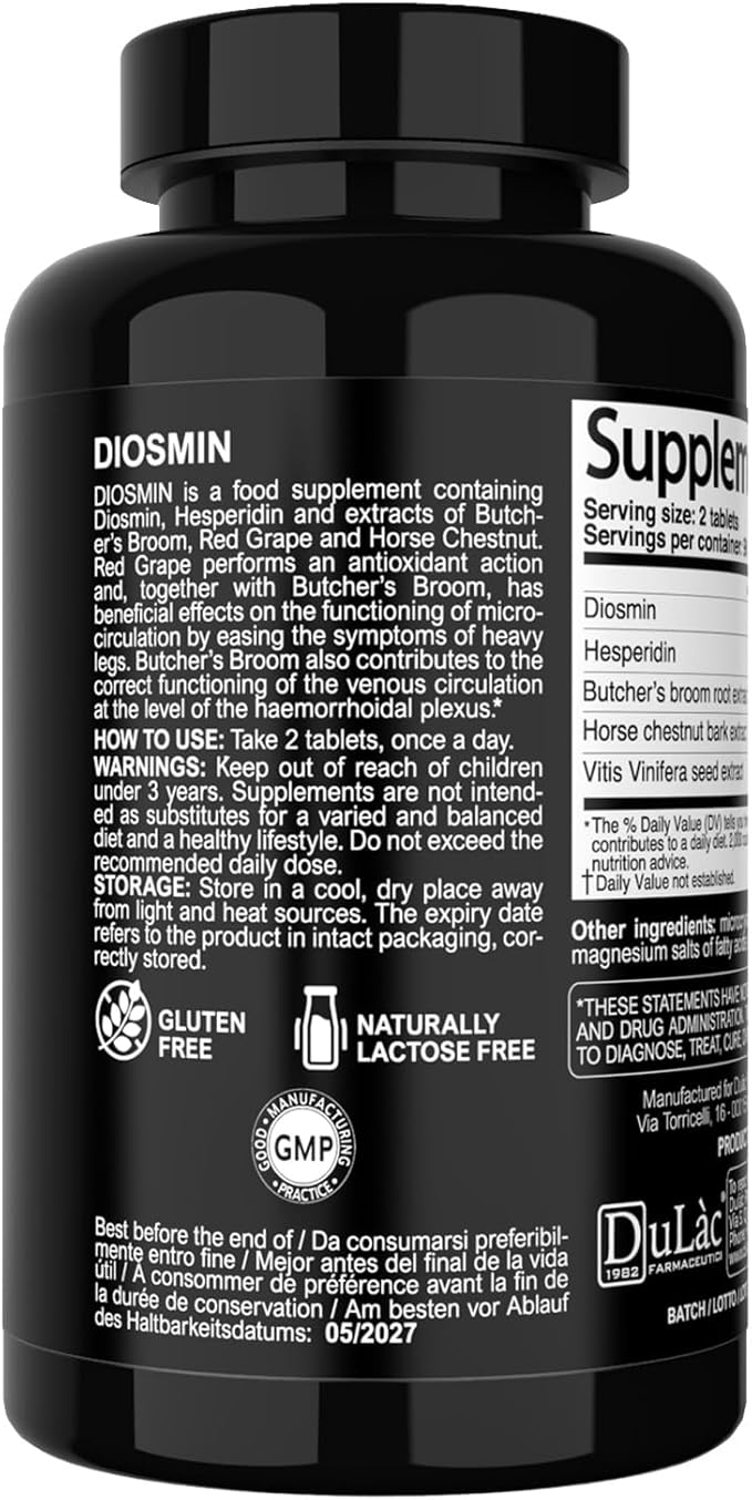 Dulàc - Diosmin Hesperidin 1000mg Dietary Supplement 180 Tablets, Enriched with Horse Chestnut Extract and Butchers Broom