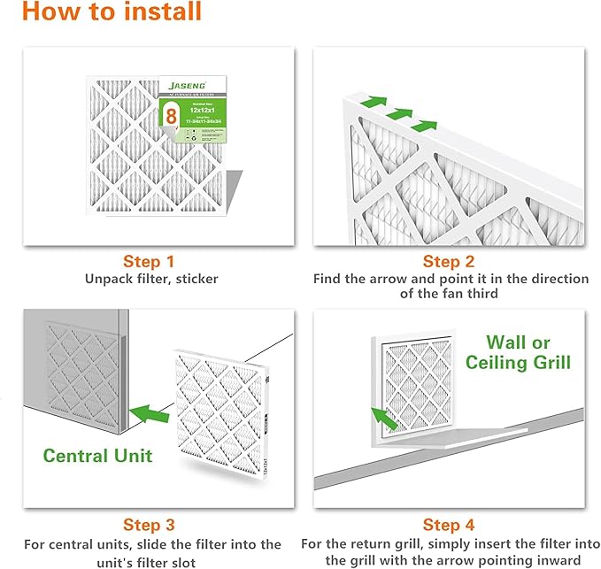 12x12x1 AC Furnace Air Filters,(4-Pack) MERV 8 Dust Defense, JASENG MPR 600 Pleated HVAC Replacement Air Filter (exact dimensions: 11 3/4"x11 3/4"x3/4")