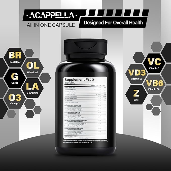 ACAPPELLA Beetroot, Olive Leaf, Garlic, L-Arginine, Omega-3, Morinaga, Nattokinase Supplements, Beetroot Capsules with Vitamin Complexes (1)