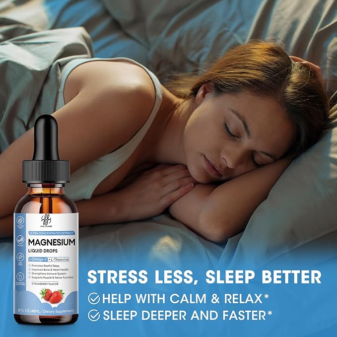 Magnesium Glycinate Liquid Drop with Citrate, Oxide and Taurate, Calm Magnesium with Omega3, L-Theanine, D3, B6, B12 for Calm, Sleep, Leg Cramps, Muscles, Energy, Sugar-Free Strawberry Flavor