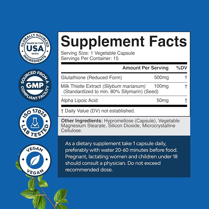 Reduced Glutathione Supplement with Milk Thistle - 500 mg per Serving Pure L Glutathione with Alpha Lipoic Acid & Milk Thistle Silymarin for Skin Radiance, Liver Support & Immune Support - 15 Count