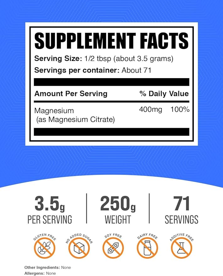BulkSupplements.com Magnesium Citrate Powder - Magnesium 400mg Supplement, Easily Absorbable - Pure & Gluten Free, 3.5g per Serving, 250g (8.8 oz) (Pack of 1)