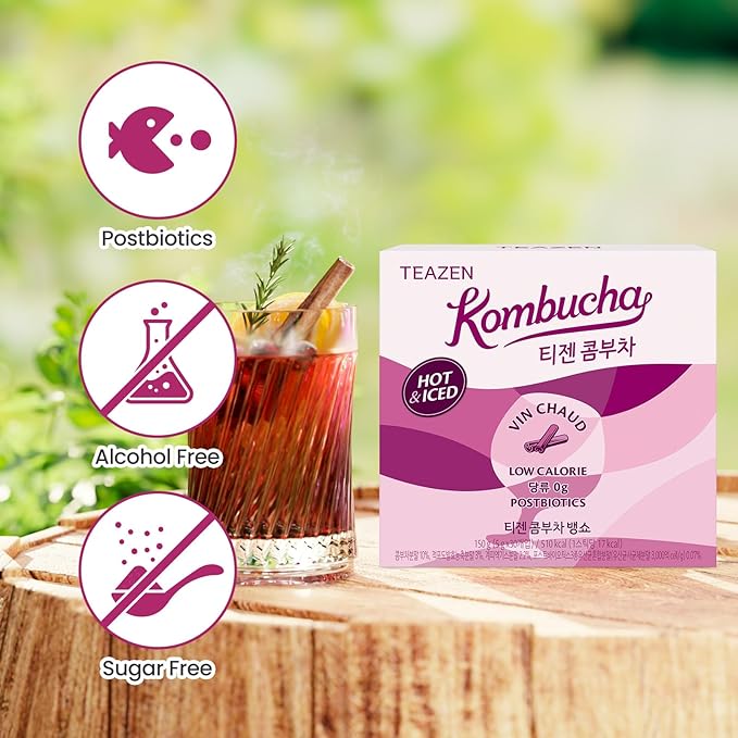TEAZEN Mulled Wine Kombucha Tea, Live Probiotics & Postbiotics, Relaxation and Warmth for Colds and Sore Throat, Electrolyte & Hydration Drink Mix, Sugar Free, 30 Sticks, 5.29oz