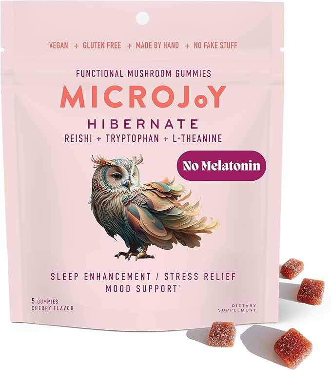 Microjoy Hibernate Gummies – Natural Sleep Aid with Reishi Mushroom – Stress Relief and Mood Support – Vegan, Non-GMO, Cherry Flavor (5 Gummy Sampler)