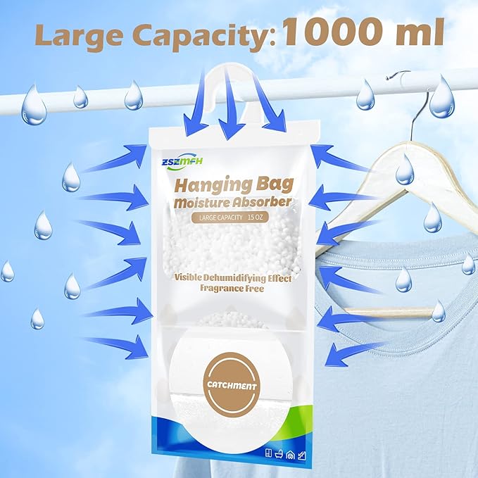 ZSZMFH 12 Pack Moisture Absorber Hanging Bags, Fragrance Free Humidity Packs, 15 OZ Dehumidifier Bags Effectively Trap Extra Moisture,Hanging Closet Dehumidifier Bags-425g/pack