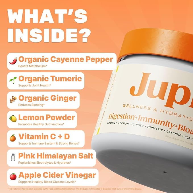 Jupi Hydration & Wellness Powder – Turmeric & Ginger shots, Vitamin C Supplement for Energy, Immune Support & Digestive Health – Vegan, Gluten-Free Drink Mix for Men & Women, Citrus Flavor 30 servings