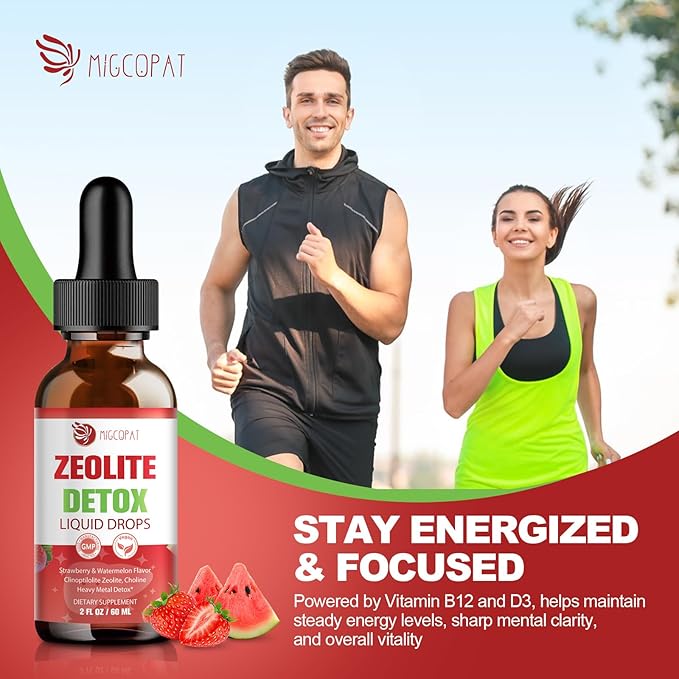 Zeolite Detox Liquid Drops with B12, D3 & Vitamin C – Pure Body Cleanse Support for Heavy Metals, Natural Zeolite Formula, Strawberry Watermelon Flavor, 60ml