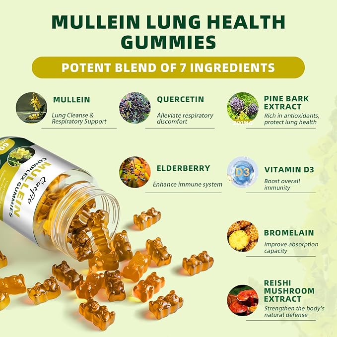 Mullein Gummies for Lungs – Mullein Leaf Extract with Quercetin, Elderberry for Respiratory & Immune Support,Lung Health & Breathing, Vegan, Pineapple Flavor, 60 Gummies