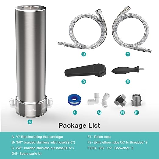SimPure V7 Under Sink Water Filter, 5-Stage Stainless Steel Water Filtration System Direct Connect to Kitchen Faucet, Reduces 99% Lead, Chlorine, Bad Taste, 20K Gallons (No Drilling Required)