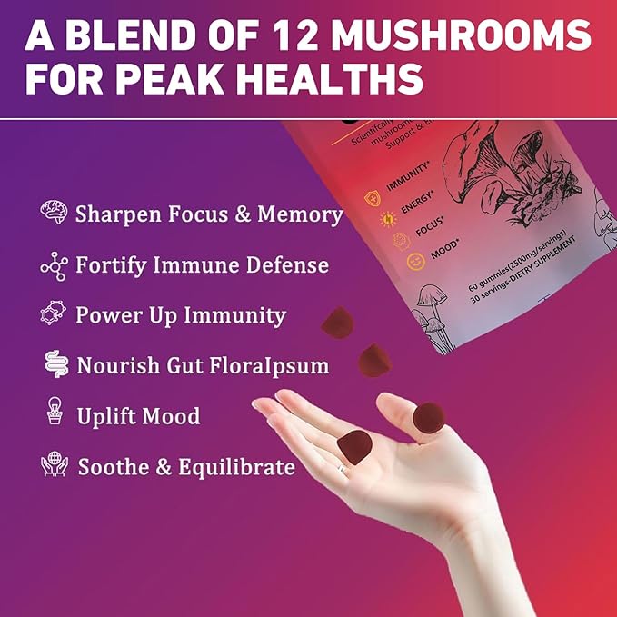 Mushroom Gummies – Delicious Vegan Supplement with 12 Mushroom Extract Blend for Focus, Energy & Wellness (60 Gummies)