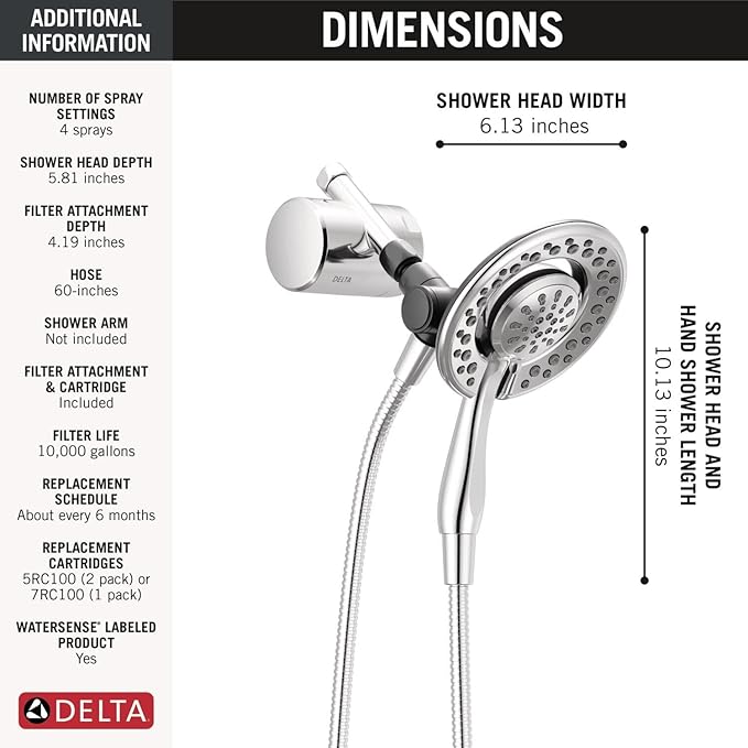 Delta Faucet 4-Setting In2ition 2-in-1 Dual Shower Head with Clarifi Standard Shower Filter Attachment and Filter, Chrome Shower Head with Filter, Filtered Shower Head, Chrome 7SF110B