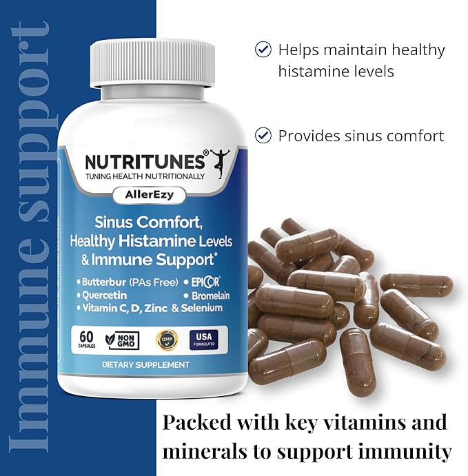 Sinus, Histamine & Immune Support–Butterbur, EpiCor, Quercetin with Bromelain – Allergy Support Supplement – 60 AllerEzy Capsules