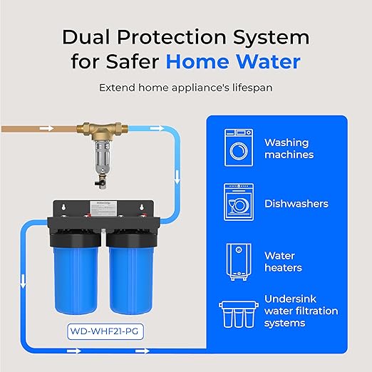 Waterdrop Spin Down Sediment Filter, Backwash Whole House Water Filter System for City/Well Water, 100 Micron+500 Micron, 1" MNPT + 3/4" FNPT + 3/4" MNPT, Traps Sand, BPA Free
