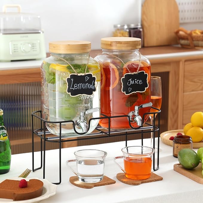 2 Pack 1 Gallon Glass Drink Dispenser with Bamboo Lid, Beverage Dispenser with Stand, Drink Machine for Lemonade, Iced Drinks Kombucha Dispenser