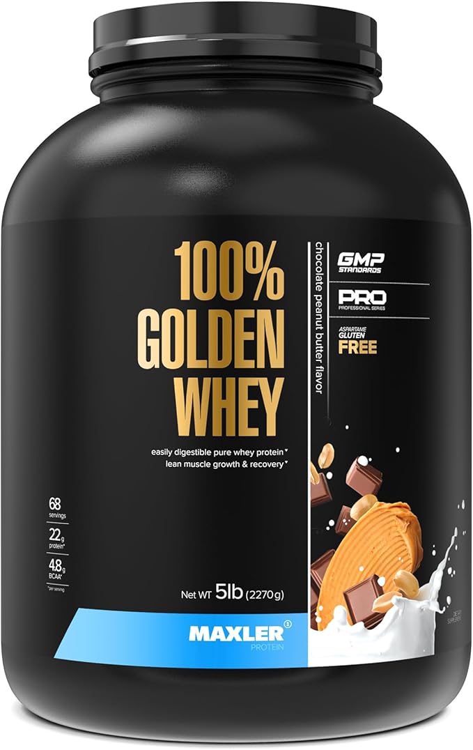 Maxler 100% Golden Whey Protein - 22g Protein per Serving - Premium Whey Protein Powder for Pre Post Workout - Fast-Absorbing Whey Concentrate Isolate Hydrolysate Blend - Chocolate Peanut Butter 5 lb