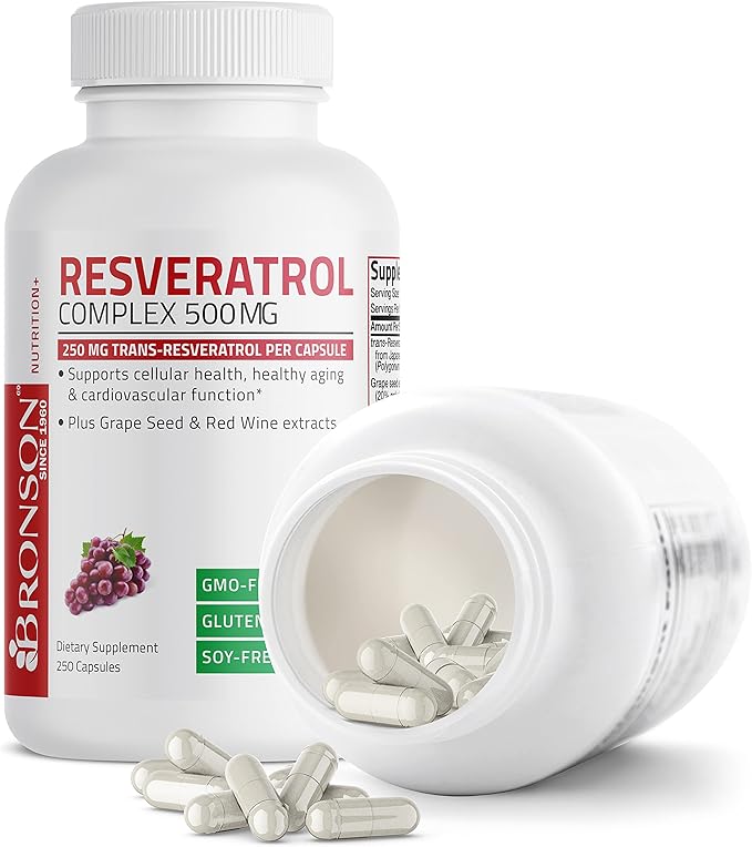 Bronson Resveratrol 500 Complex Standardized Trans-Resveratrol + Grape Seed & Red Wine Extract, 250 Capsules