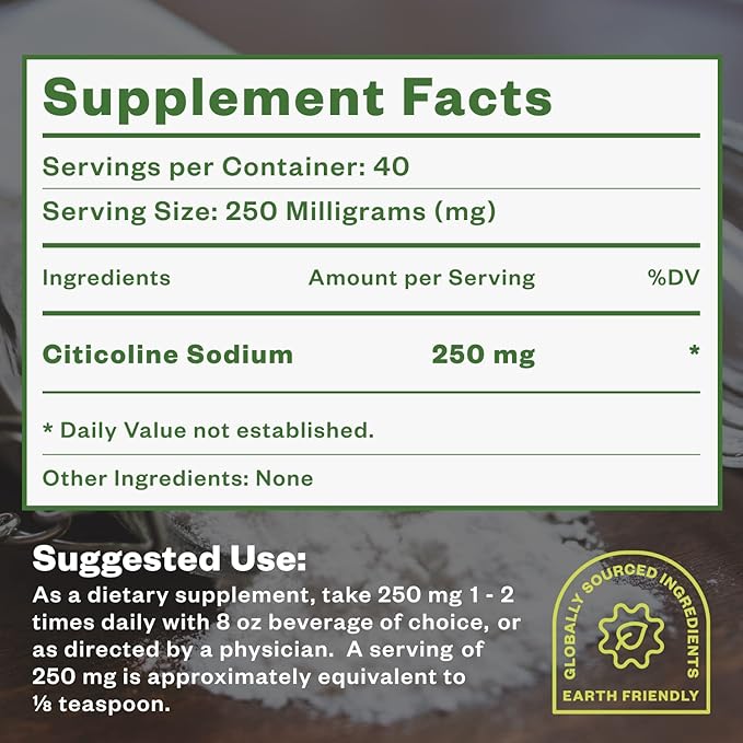 CDP Choline Powder, 10g, CDP Choline Supplements That Support Attention, Focus, and Energy, Citicoline Powder for Cognitive Function, Increases Motivation and Productivity, 40 Servings