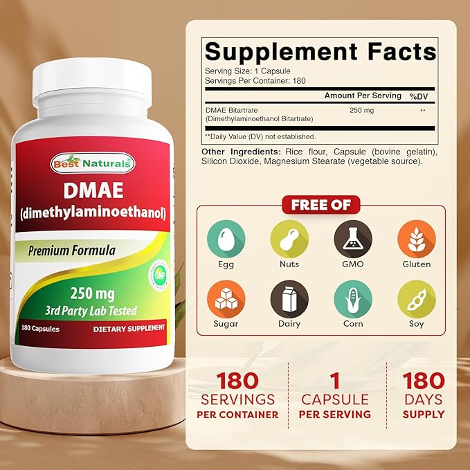 Best Naturals DMAE Supplement 250 mg 180 Capsules - Dimethylaminoethanol Bitartrate