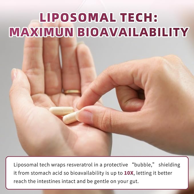 Resveratrol Supplement, 98% Pure Trans Resveratrol 600mg with Liposomal Delivery - Supports Antioxidant, Cholesterol Health, Heart Health, Energy - Vegan, 60 Capsules
