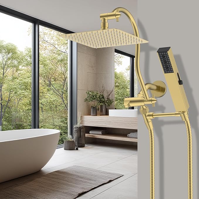 Hibbent All Metal Shower Head, 10'' High Pressure Rainfall Shower Head, Showerhead Combo, Handheld Shower Wand, 12'' Adjustable Curved Shower Extension Arm, 71'' Hose, Shower Holder, Brushed Gold