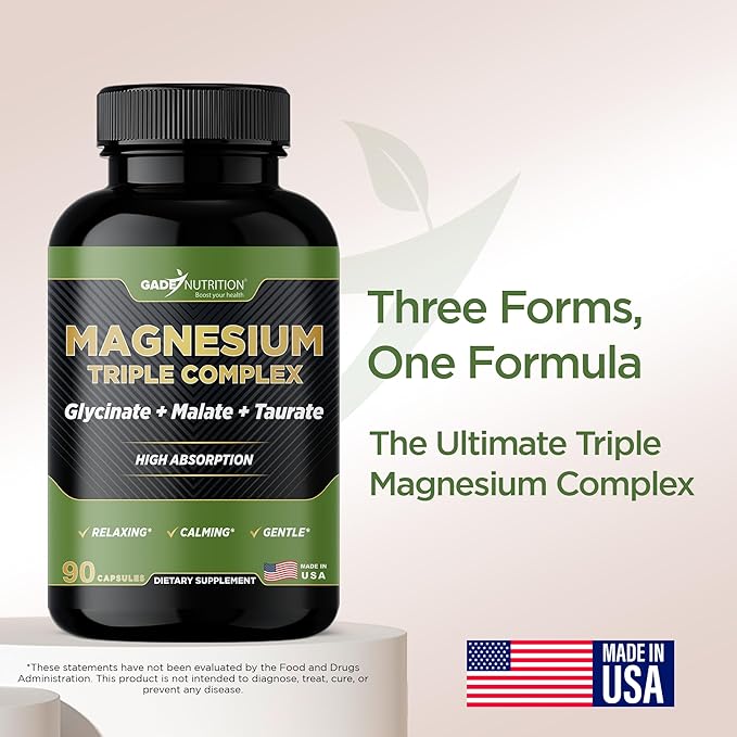 Gade Nutrition Triple Magnesium Complex with Magnesium Glycinate, Magnesium Malate & Magnesium Taurate | Pure Magnesium Supplement for Sleep and Calm, Veggie Capsules | Made in USA