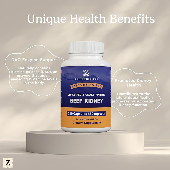 Zen Principle Grass Fed Beef Kidney Supplement, 210 Capsules, 3000 mg. DAO Enzyme for Histamine Health. Selenium and B12 for Thyroid Support.