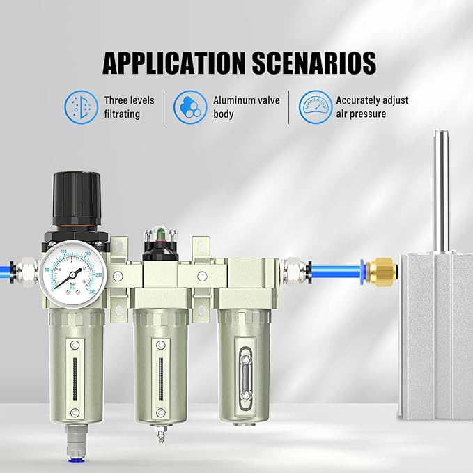 1/2" NPT Heavy Duty Industrial Grade 3 Stage Air Drying System, Auto Drain, Coalescing Filter, Particulate Filter, Desiccant Dryer and Air Regulator For Plasma Cutter and Paint Spray