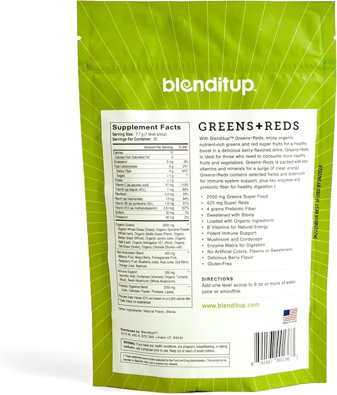 BlendItUp Super Greens & Reds | Potent Immune Support & Digestion | 30-Day Supply | Organic Vegan Greens | Helps Decrease Cortisol | Total Body Wellness | Enzyme Matrix for Optimal Absorption