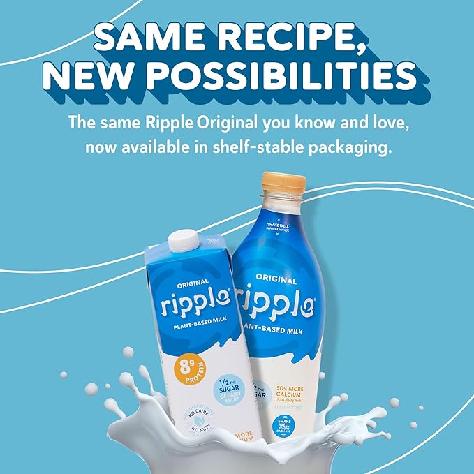 Ripple Original Plant Based Milk | 8g of Quality Sourced Pea Protein, Calcium Rich | Shelf Stable | Vegan & Non GMO Certified | Dairy, Soy, Nut, Gluten, & Lactose Free | 32 Fl Oz Cartons (Pack of 6)