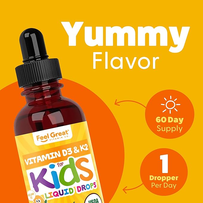 Feel Great USDA Organic Liquid Vitamin D Drops for Infants & Toddlers (2 oz) w/ K2 for Absorption | Vitamin D for Kids Supports Immune Support & Bone Health | Sugar Free, Vegan, Non-GMO & Gluten Free