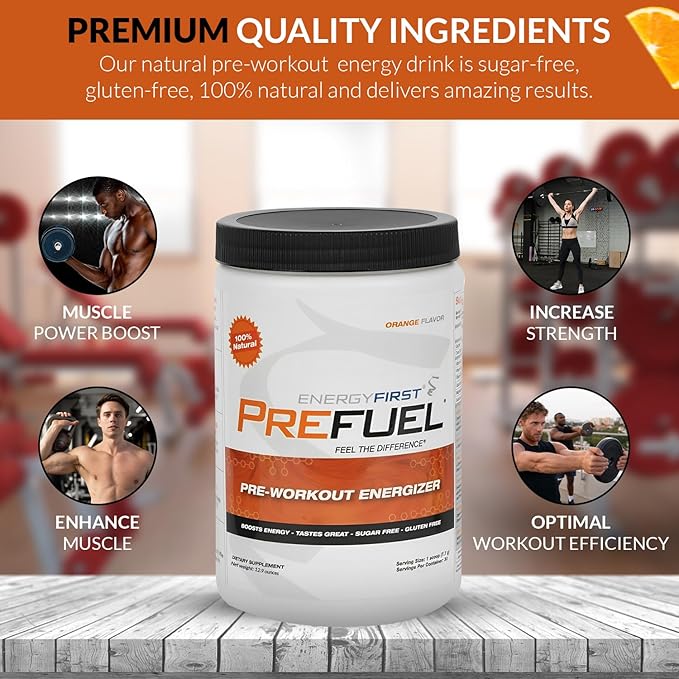 EnergyFirst Prefuel Vegan Pre-Workout Powder, Zero Sugar, All-Natural Energizer with Immune Support Orange Flavor, 30 Servings for Maximum Workout Performance