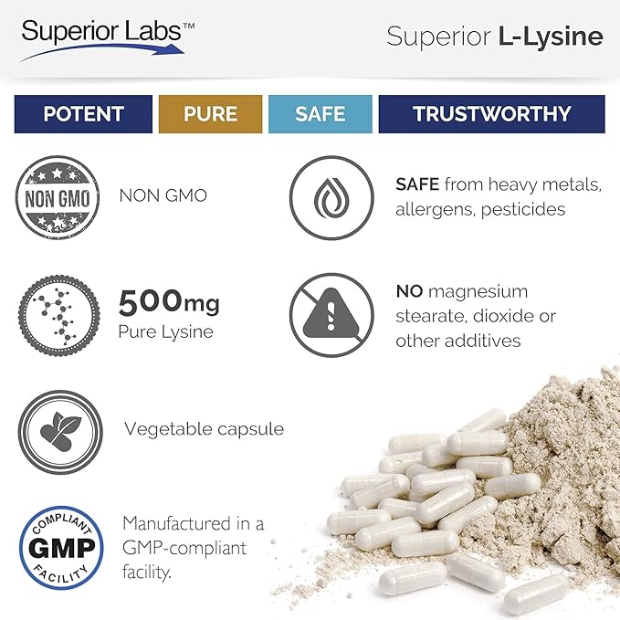 Superior Labs L-Lysine 500 mg Capsules, Pure Non-GMO, Third-Party Tested, No Fillers, Gluten Free, Supports Immune System, Promotes Calcium Absorption, 120 Caps
