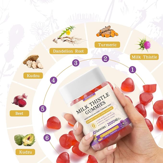 Milk Thistle Gummies with 2000MG Extract, Liver Health Support Gummies, Silymarin Milk Thistle Supplement with Artichoke, Dandelion, Turmeric Curcumin, No Sugar, for Adults, Vegan, 180 Count