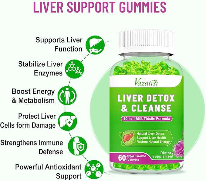 Milk Thistle Gummies for Adults Kids. Liver Cleanse Detox Repair Gummies, Milk Thistle Extract Supplement for Liver Support Digestive Antioxidant, 60ct Apple Flavor
