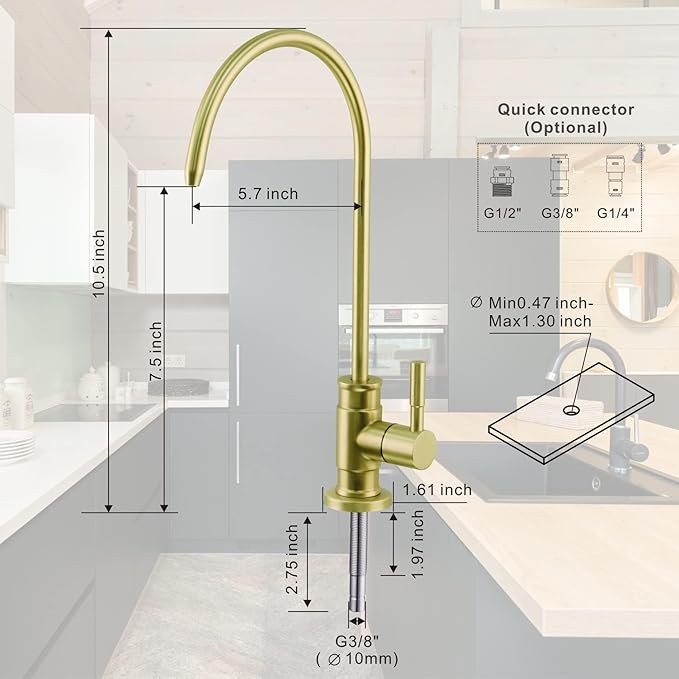 Drinking Water Faucet Brushed Gold, Wellup Reverse Osmosis Faucet for Non Air Gap RO Water Filtration System, Leadless Stainless Steel Kitchen Water Filter RO Faucets for Kitchen Bar Sink
