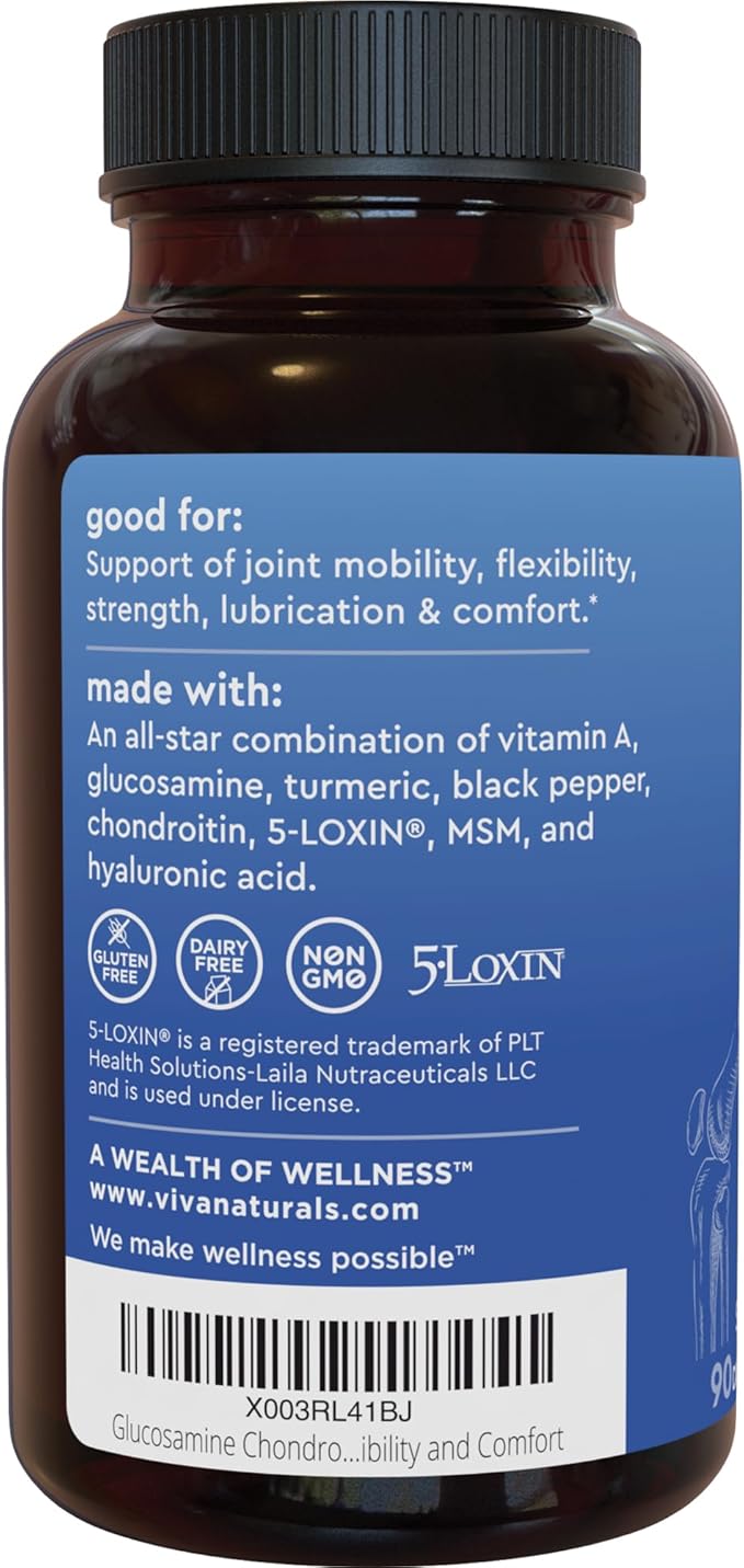 Viva Naturals Glucosamine Chondroitin MSM Joint Support Supplement, 90 Capsules - with Turmeric, Black Pepper, Boswellia and Hyaluronic Acid - Joint Health Supplement for Mobility and Flexibility